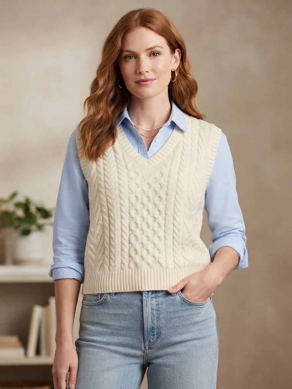 Lands' End Cream Cable Knit V-Neck Sweater Vest
